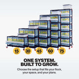 Stackable quail breeding cages in one- through five-layer configurations for up to 15, 30, 45, 60, or 75 quail