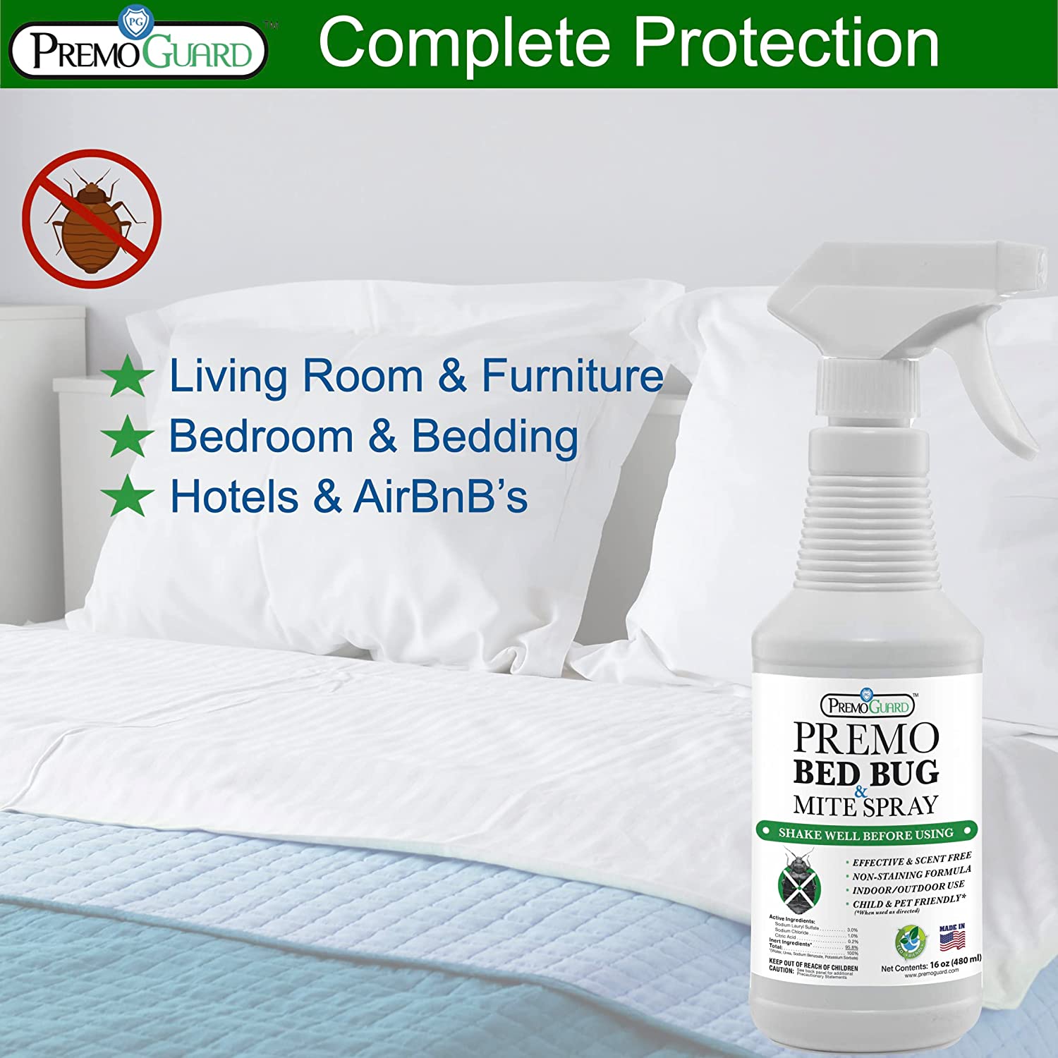 Hatching Time Premo. Bed bug & Mite spray shown in front of bed. Graphic shows it's great for living room and furniture, bedroom and hotels & AirBnB's.