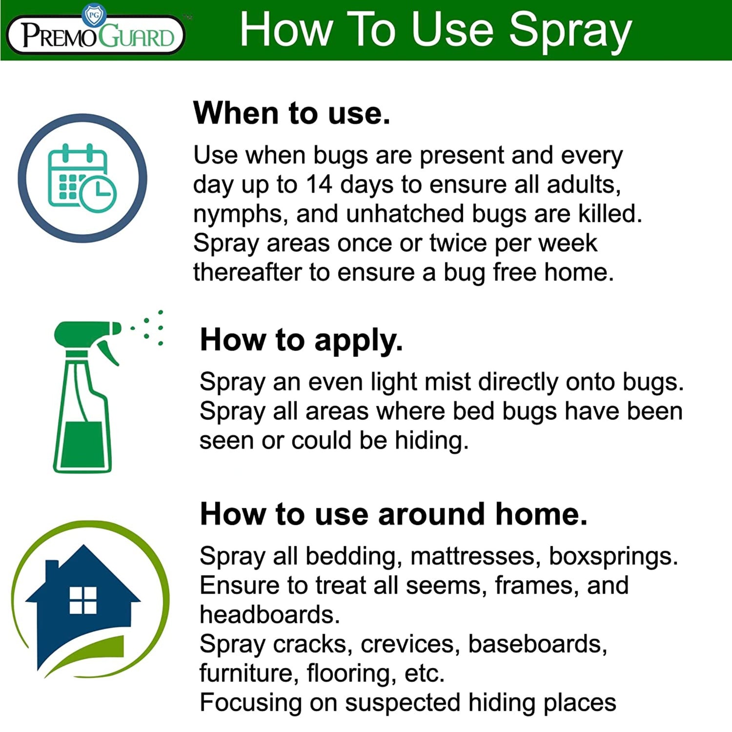 Hatching Time Premo. how to use bed bug & Mite spray graphic.