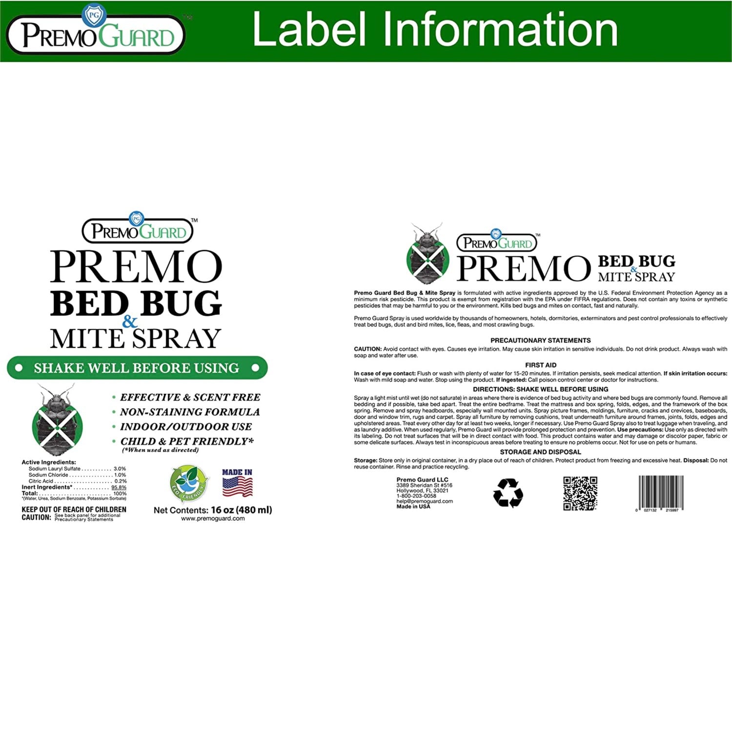 Hatching Time Premo. Bed Bug & Mite spray bottle label.