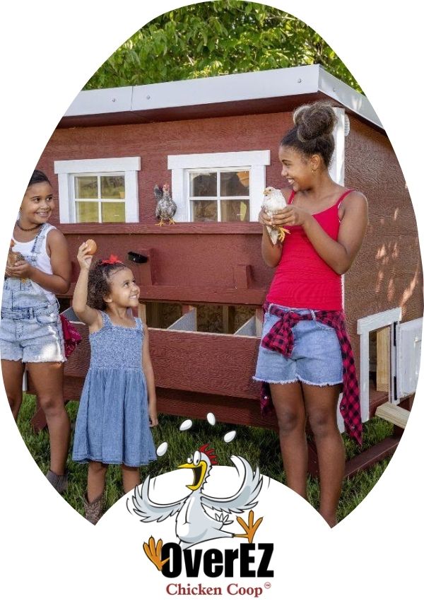 Hatching Time OverEZ. 3 Girls are in front of OverEZ chicken coop. One girl is holding an egg above her head and the other 2 are holding chickens.