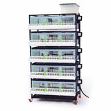 Cimuka 5-layer H9.5-inch chick brooder with five stacked poultry compartments, integrated feeders, watering system, heating controllers, and wheeled base.