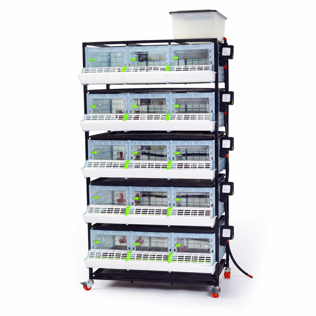 Cimuka 5-layer H9.5-inch chick brooder with five stacked poultry compartments, integrated feeders, watering system, heating controllers, and wheeled base.