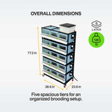 Cimuka 5-layer H9.5-inch chick brooder dimension diagram showing the height, width, and depth of the stacked poultry brooding system.