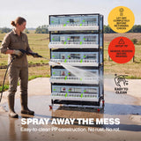 Five-layer Cimuka poultry brooder being cleaned with a pressure washer, highlighting its washable cage construction and maintenance features.