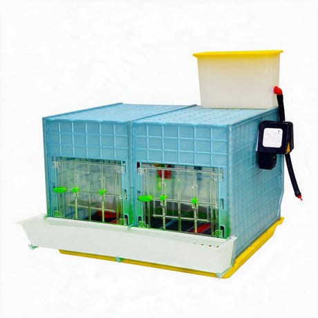 Cimuka by Hatching Time 2-section chick brooder with clear front doors, feeder trough, water tank and external thermostat