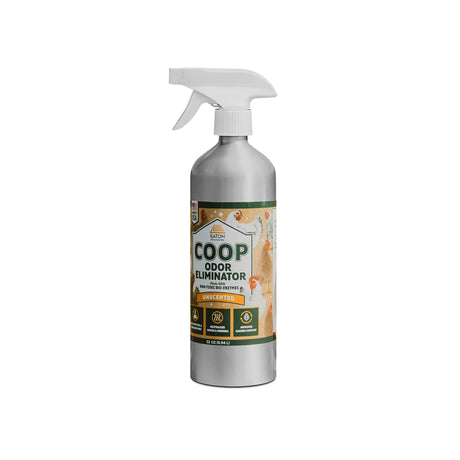 Coop Odor Eliminator Spray 32 oz bottle by Eaton Pet & Pasture – enzyme-based, unscented formula for natural chicken coop odor control.