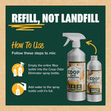 Coop Odor Eliminator spray and refill bottles with usage instructions – eco-friendly aluminum packaging promoting refill, not landfill.