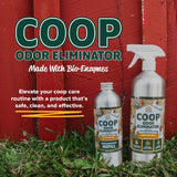 Coop Odor Eliminator spray and refill bottles by Eaton Pet & Pasture – bio-enzyme formula for natural chicken coop odor control.