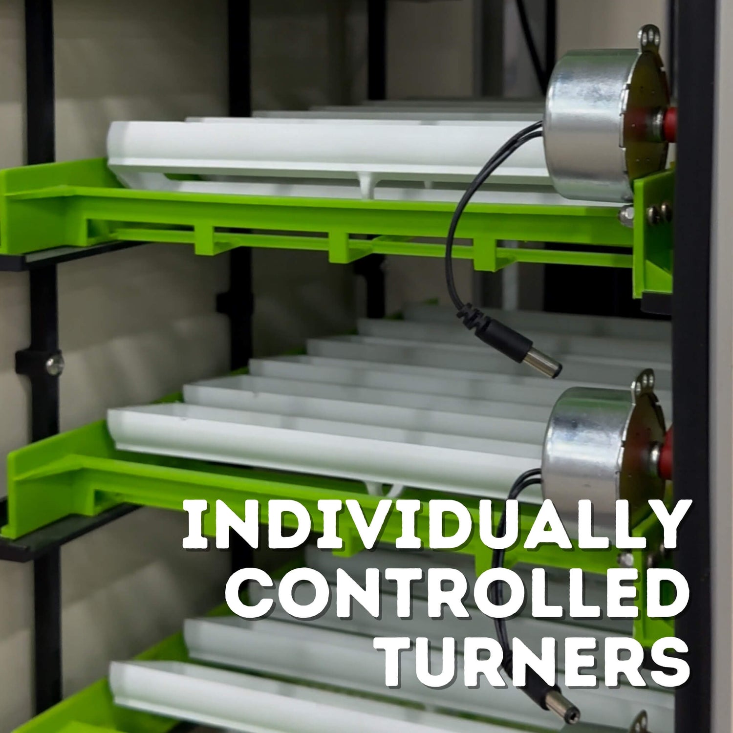 Hatching Time Cimuka image shows interior of CT series incubator with individually controlled egg turners.