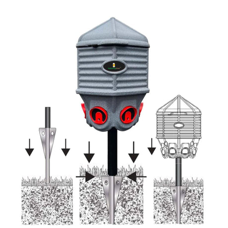 Hatching Time Coopworx 80 lb feeder silo can be seen in image in example of how to use stake mount with in ground installation.