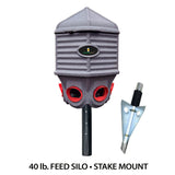 Hatching Time Coopworx 40 lb feeder silo can be seen in image next to stake mount.