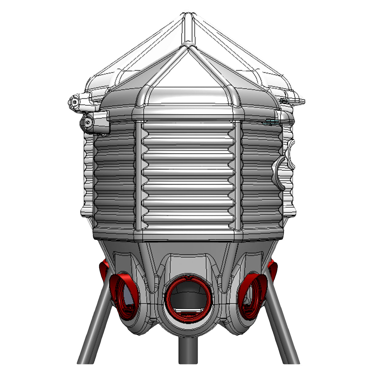 Technical drawing of a cylindrical mechanical component with ribbed design and red circular elements on a white background A 3D rendering of the outside of the 40lb Feed Silo