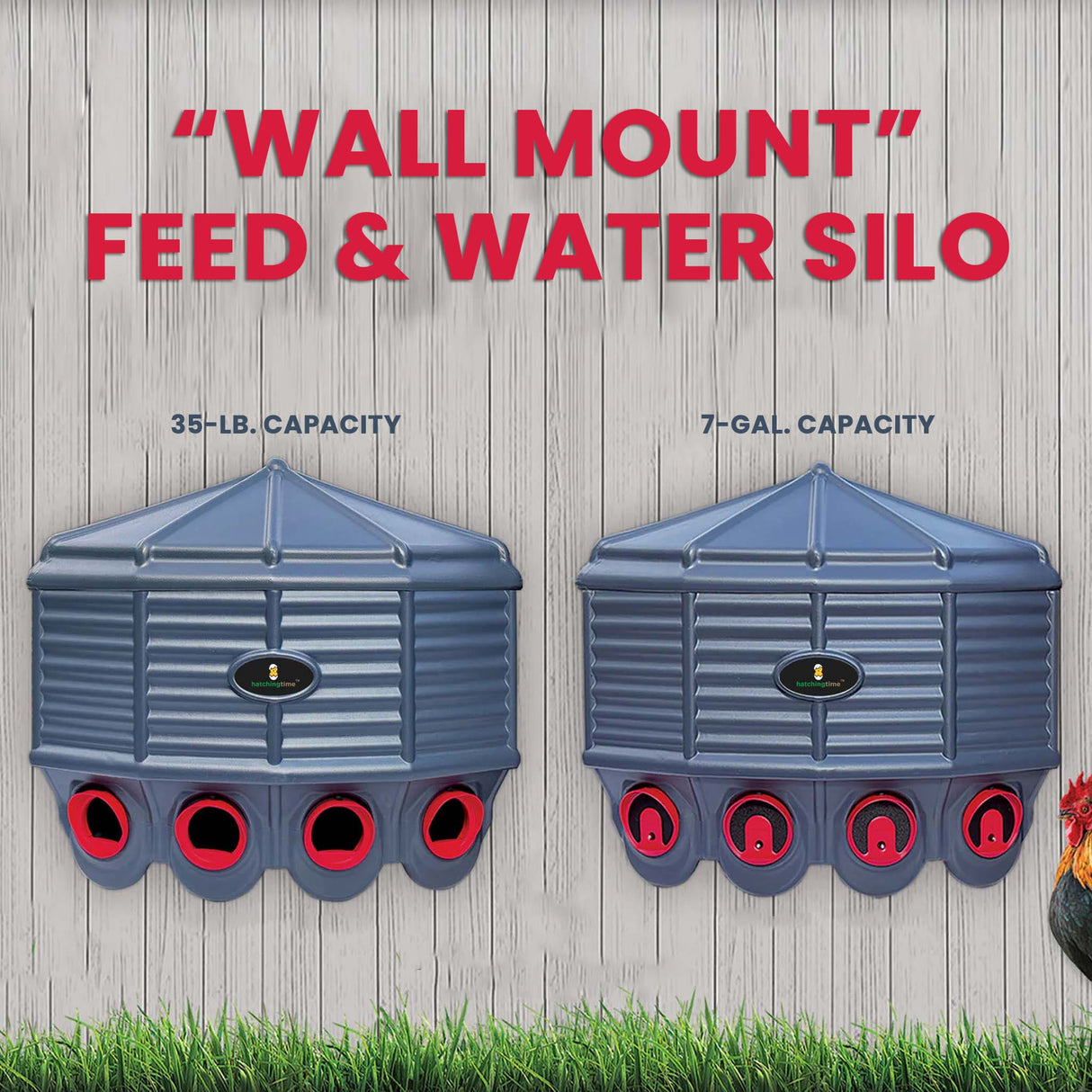 Two wall mount feed and water silos with capacity details on a wooden background.