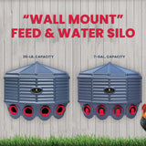 Two wall mount feed and water silos with capacity details on a wooden background.