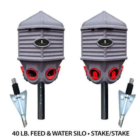 Hatching Time Coopworx. 40 Lb feed sile and 8 Gallon drinker silo are seen side by side next to Stake accessories for in ground mounting.