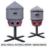 A 80lb Feed Silo with a X Base next to a 8 Gallon Water Silo with a X Base by Hatching Time
