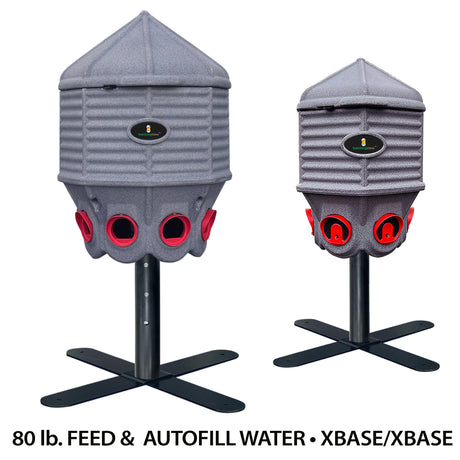 A 80lb Feed Silo with a X Base next to a 8 Gallon Water Silo with a X Base by Hatching Time