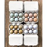 Hatching Time Henlay Blank half dozen egg cartons shown filled with eggs on a bench