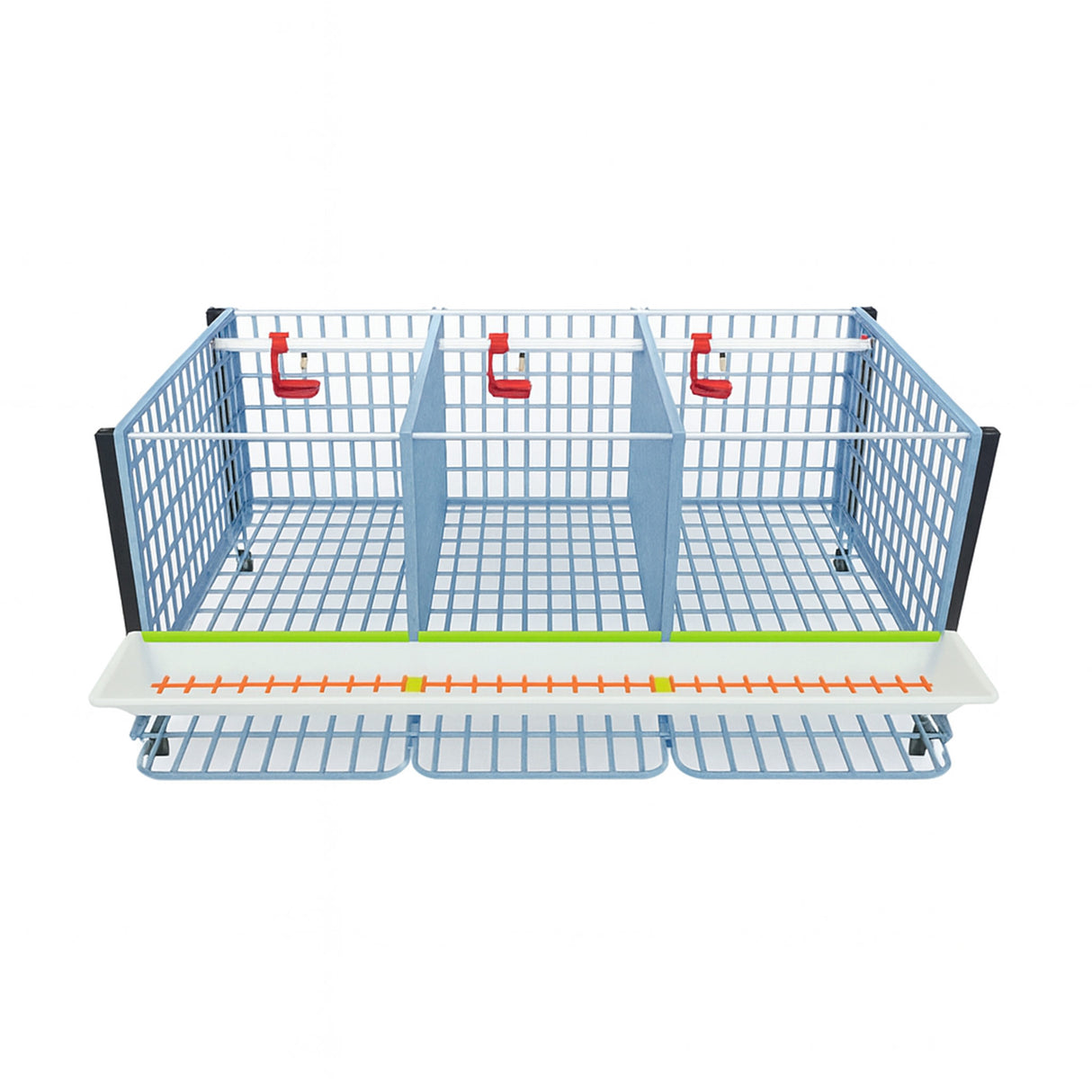 Hatching Time Cimuka. TYK40 15” Chicken cage 1 layer. Image shows chicken cage from front and above. Roof and front walls are removed to show inside of cage. Roll out egg trays can be seen on front under feeding trough. Automatic drinker system is seen on back wall of cage.