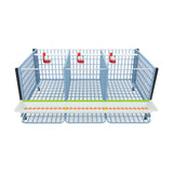 Hatching Time Cimuka. TYK40 15” Chicken cage 1 layer. Image shows chicken cage from front and above. Roof and front walls are removed to show inside of cage. Roll out egg trays can be seen on front under feeding trough. Automatic drinker system is seen on back wall of cage.