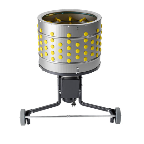 Stainless steel chicken plucker machine with 50 cm drum, yellow ProA rubber fingers, and wheeled base