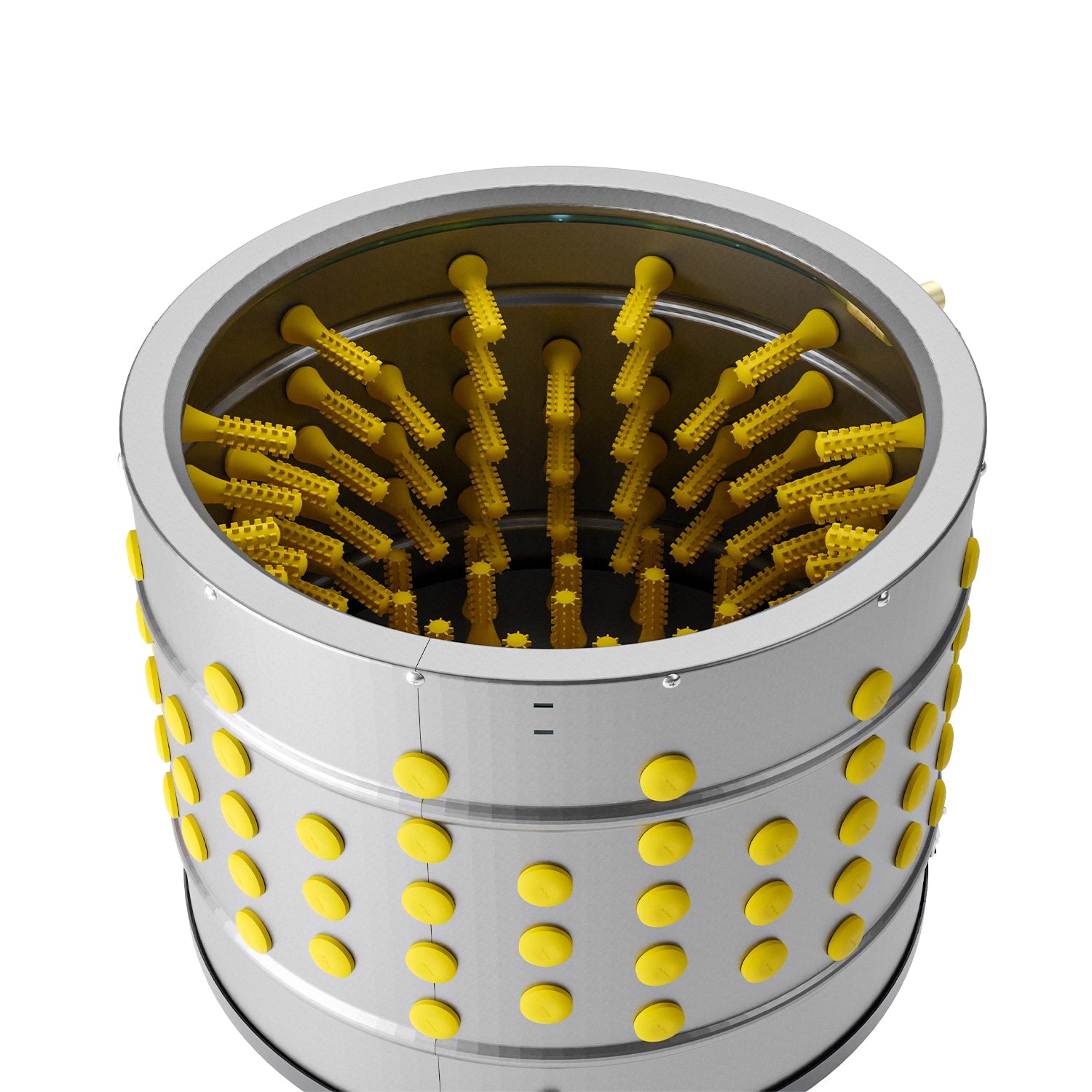 Inside view of stainless steel chicken plucker drum with ProA natural rubber fingers for efficient feather removal.