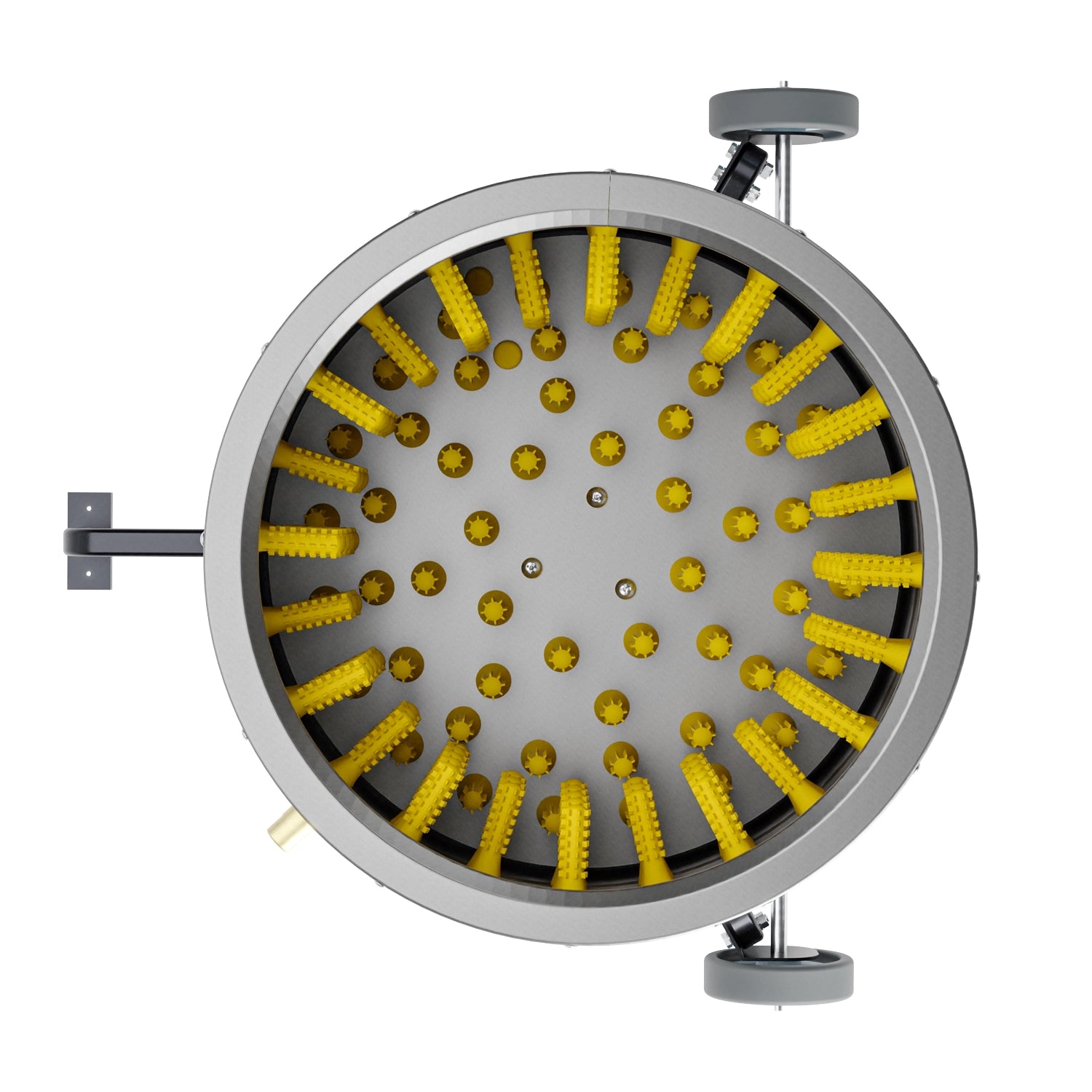 Bottom view of chicken plucker drum with yellow ProA rubber fingers for 360-degree feather removal