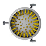 Bottom view of chicken plucker drum with yellow ProA rubber fingers for 360-degree feather removal