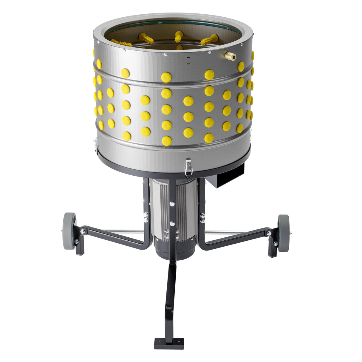 Stainless steel chicken plucker with 50 cm drum, yellow ProA rubber fingers, and sturdy wheeled stand for poultry processing.