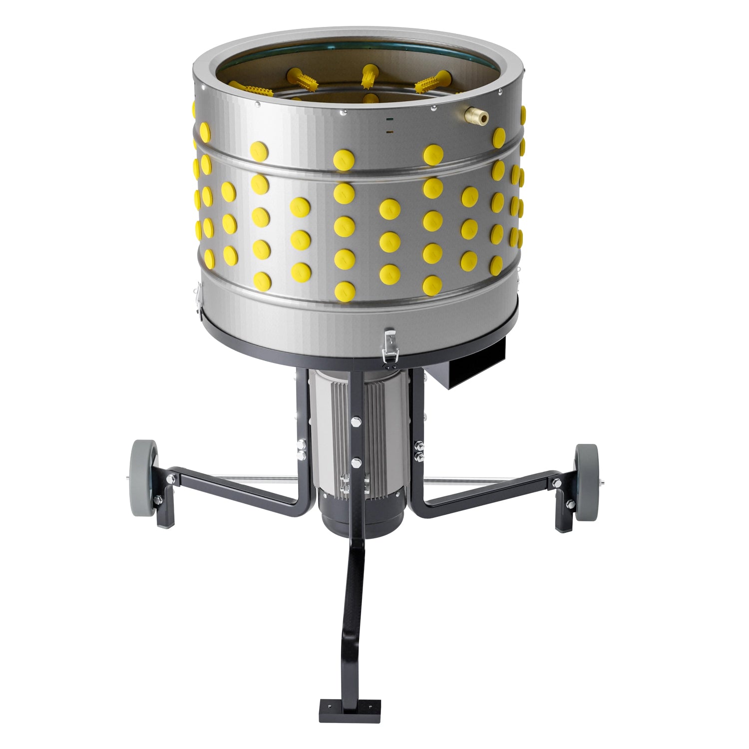 Stainless steel chicken plucker with 50 cm drum, yellow ProA rubber fingers, and sturdy wheeled stand for poultry processing.