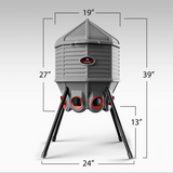 Hatching Time Coopworx 80 lb feeder silo can be seen in image with dimensions shown.