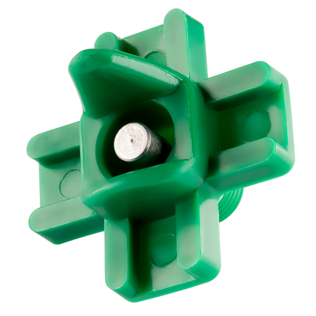 DIY poultry nipple drinker with stainless steel pin – angled view of green ABS plastic housing