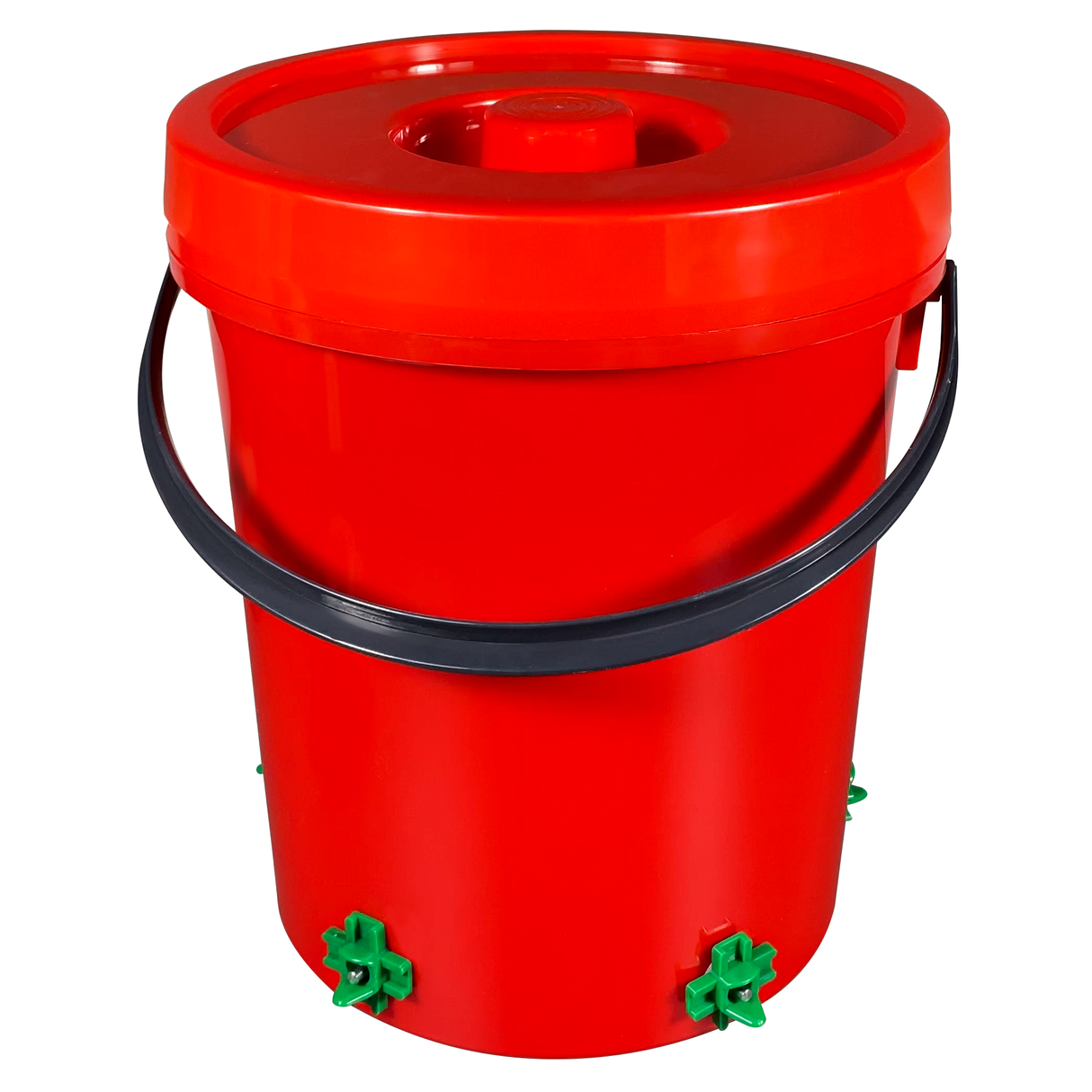 Red poultry watering bucket with lid, black handle, and green horizontal nipple drinkers installed at the bottom for chickens.