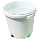 White poultry water bucket filled with water, equipped with green horizontal nipple drinkers at the bottom for chickens.