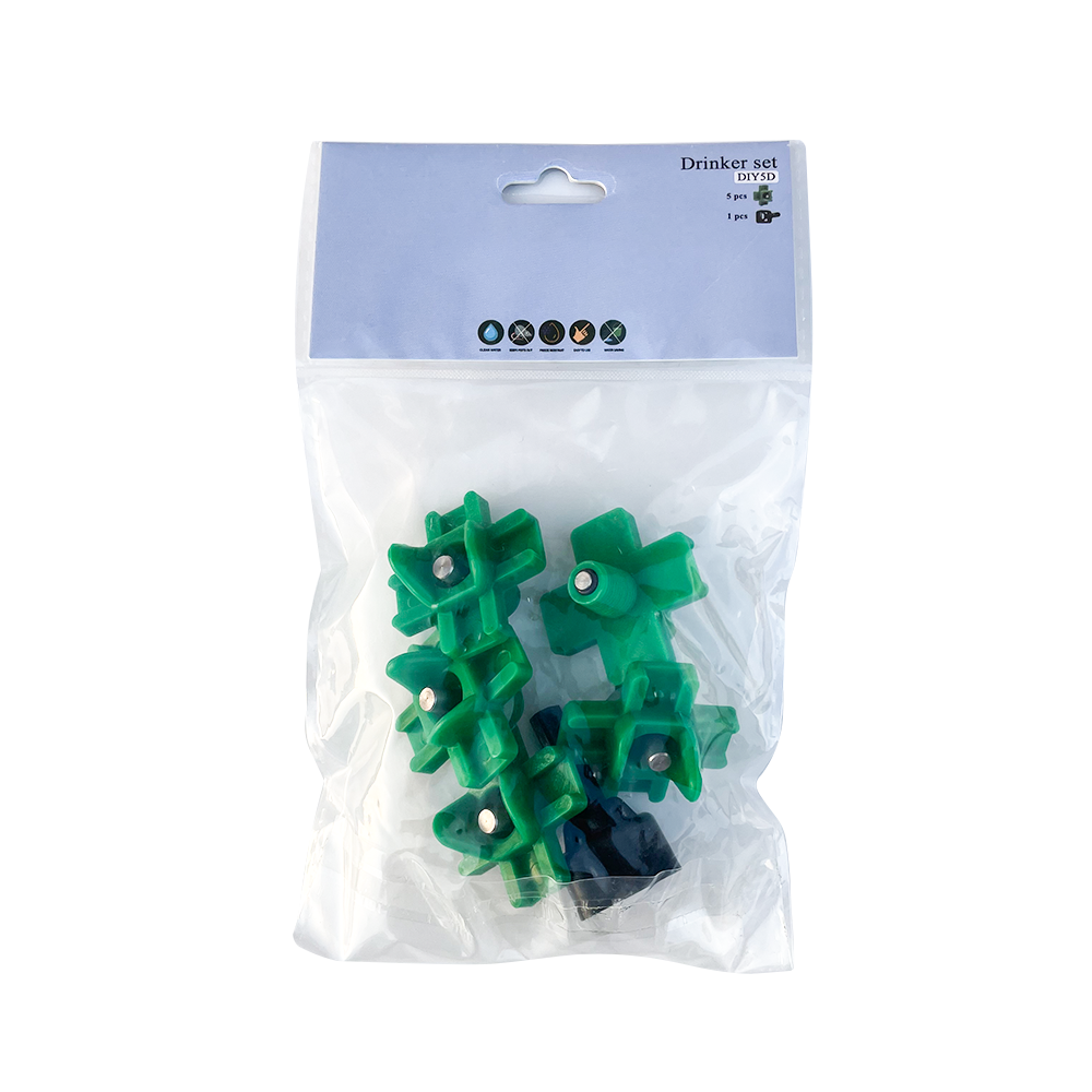 Packaged DIY poultry nipple drinker set containing 5 green horizontal nipples and 1 black mounting tool in a clear plastic bag.