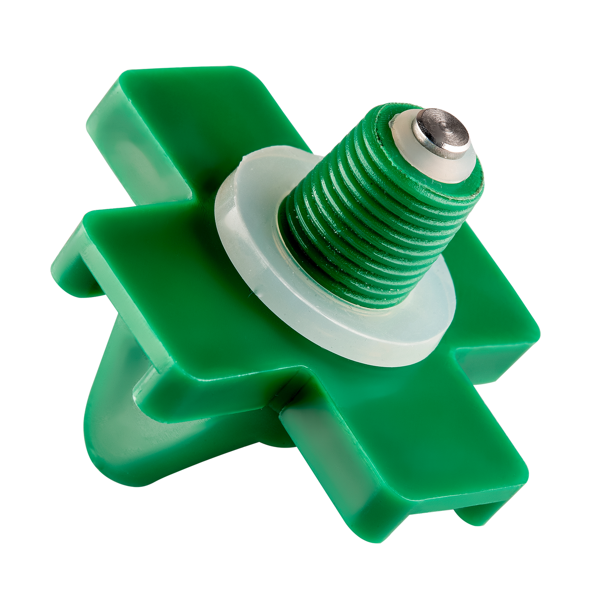 Close-up view of a green horizontal poultry nipple drinker with threaded end, stainless steel tip, and rubber washer for leak prevention.