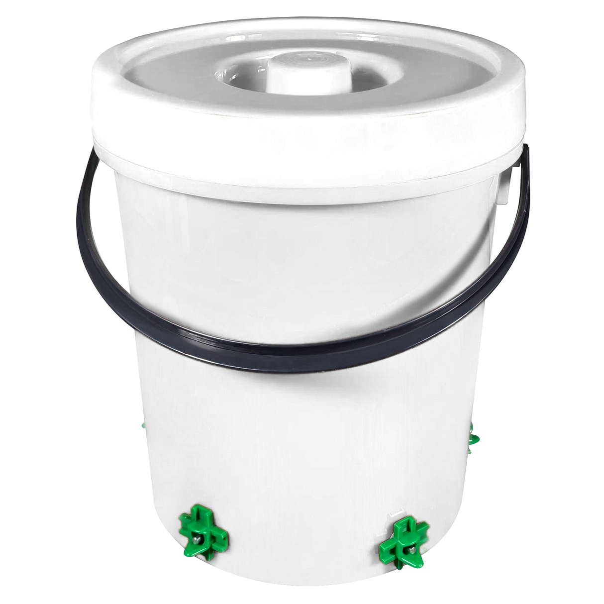 DIY poultry nipple drinker bucket with 5 horizontal nipples installed for backyard chickens