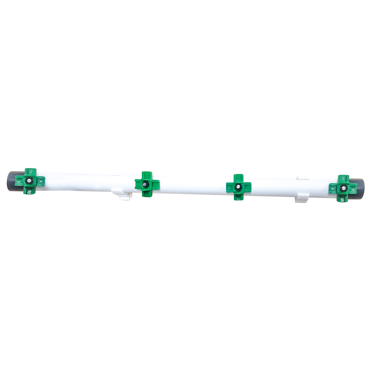 DIY poultry watering PVC pipe fitted with four green horizontal nipple drinkers for chickens.