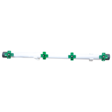 DIY poultry watering PVC pipe fitted with four green horizontal nipple drinkers for chickens.