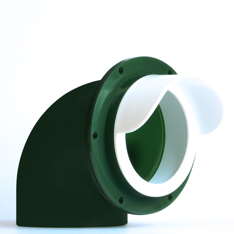 Green and white poultry feeder port attachment for chicken feeder buckets and bins.