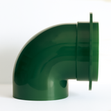 Right side view of green poultry feeder port, heavy-duty plastic with flange mount for secure bucket or bin installation.