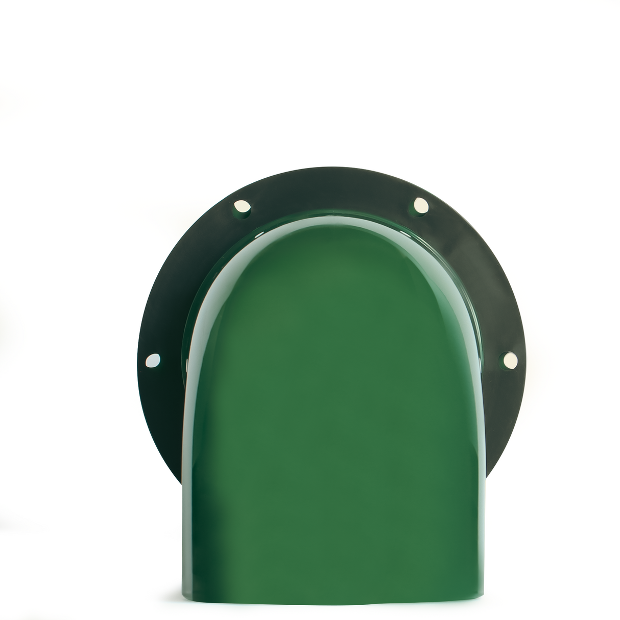 Back view of green poultry feeder port with round flange base and pre-drilled screw holes for mounting to feed container.