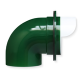 Right side view of green poultry feeder port with white rain hood attached, showing curved elbow design for feed dispensing.