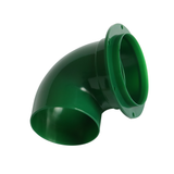 Angled view of green poultry feeder port with round flange and elbow design for attaching to poultry feeder buckets or bins.