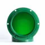 Front view of green poultry feeder port with pre-drilled mounting holes for chicken feed buckets and bins.