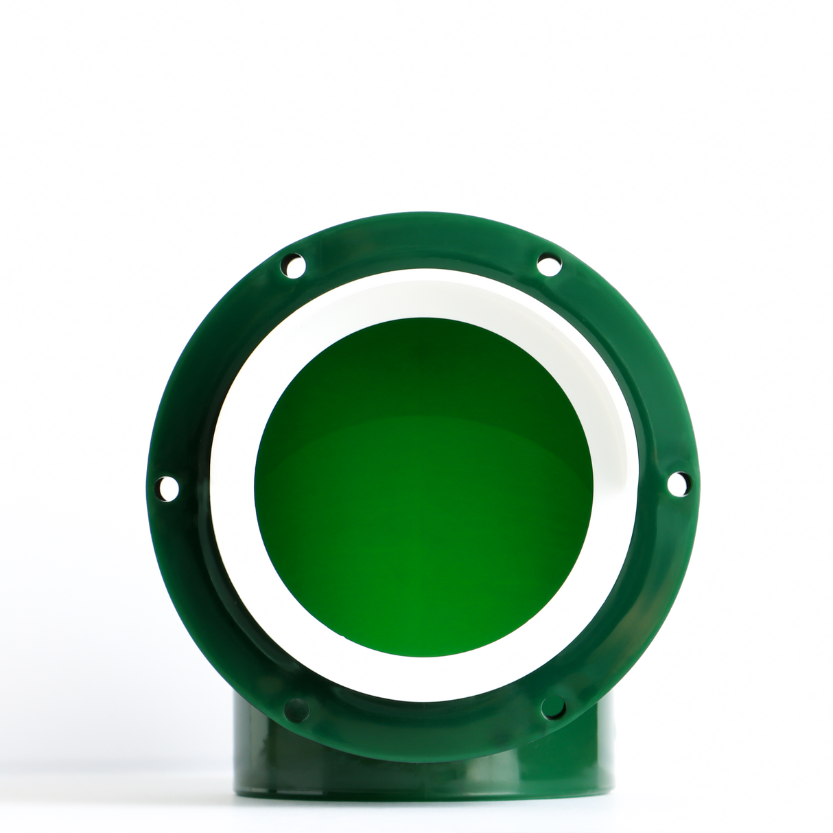 Green plastic poultry feeder or waterer pipe elbow connector with mounting holes, front view