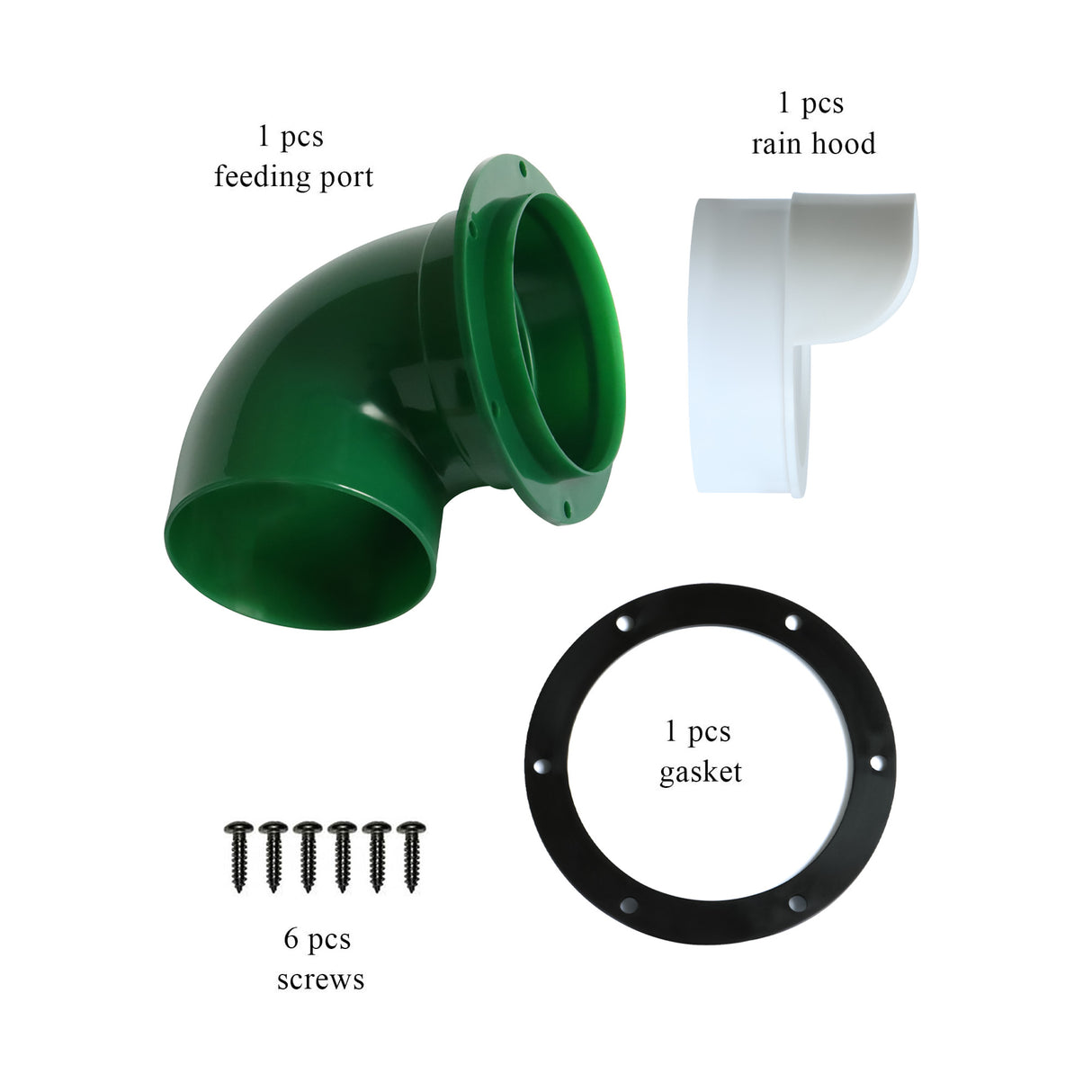 Chicken feeder port kit with 1 green feeding port, 1 white rain hood, 1 black gasket, and 6 screws shown separately.