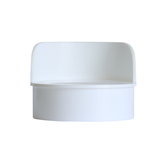 White plastic rain hood for chicken feeder port, designed to keep poultry feed dry and protected from rain