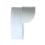 Side view of white rain hood attachment for chicken feeder port, designed to shield feed from rain and moisture.